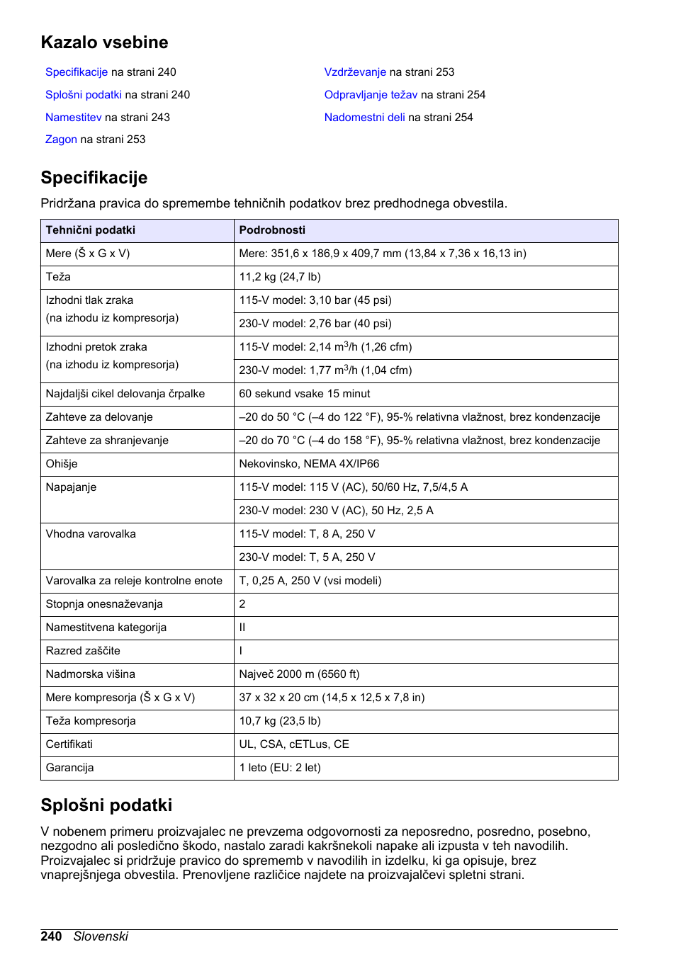 Navodila za uporabo, Kazalo vsebine, Specifikacije | Splošni podatki, Slovenski | Hach-Lange High Output Airblast System (HOAB) User Manual | Page 240 / 272