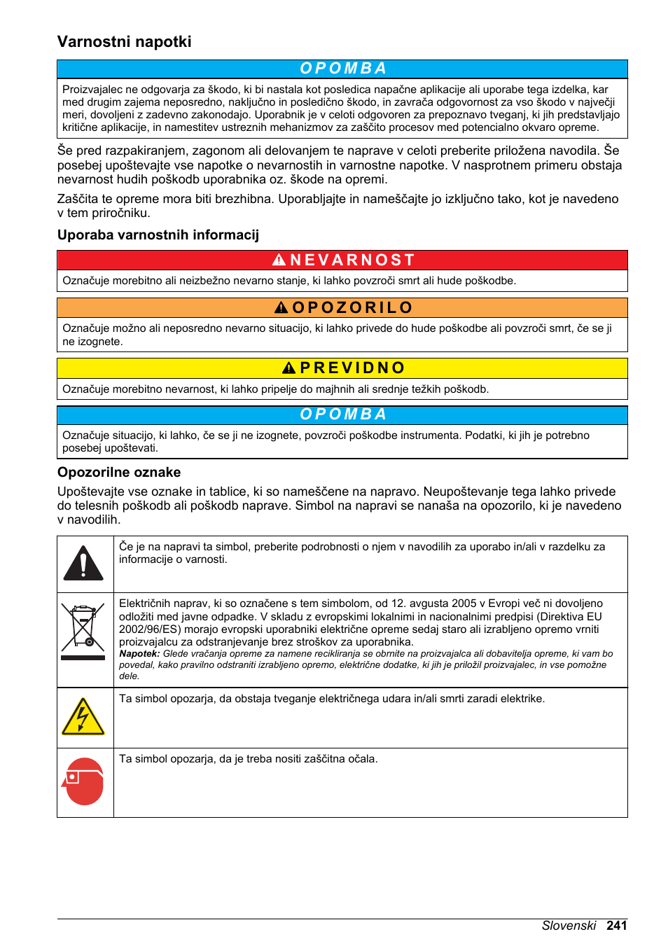 Varnostni napotki, Uporaba varnostnih informacij, Opozorilne oznake | Hach-Lange High Output Airblast System (HOAB) User Manual | Page 241 / 272