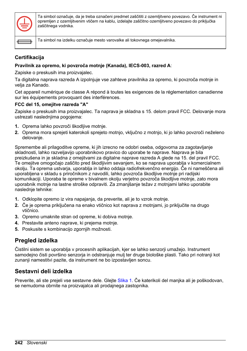Certifikacija, Pregled izdelka, Sestavni deli izdelka | Hach-Lange High Output Airblast System (HOAB) User Manual | Page 242 / 272