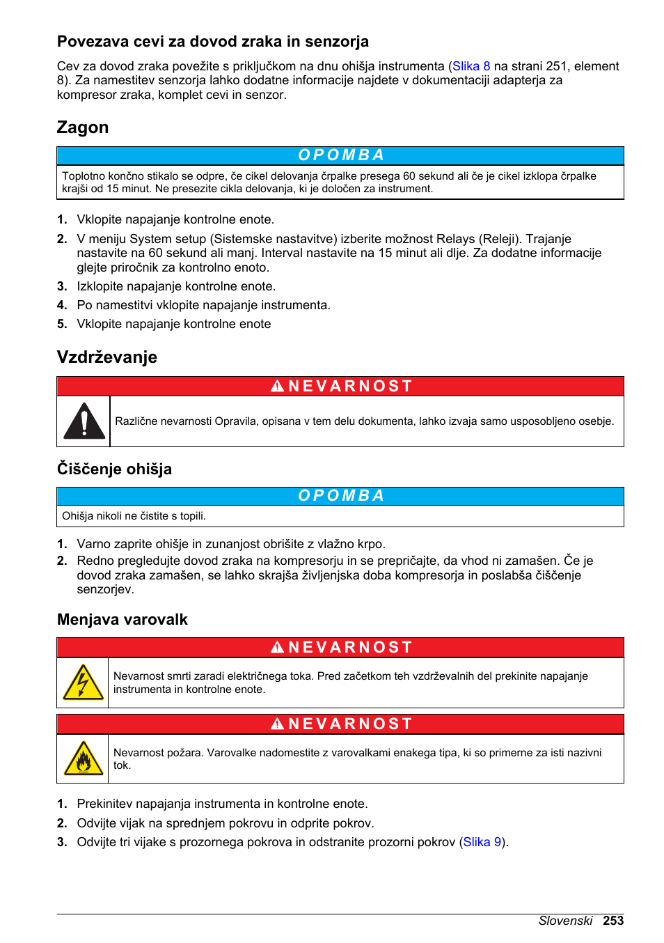 Povezava cevi za dovod zraka in senzorja, Zagon, Vzdrževanje | Čiščenje ohišja, Menjava varovalk | Hach-Lange High Output Airblast System (HOAB) User Manual | Page 253 / 272