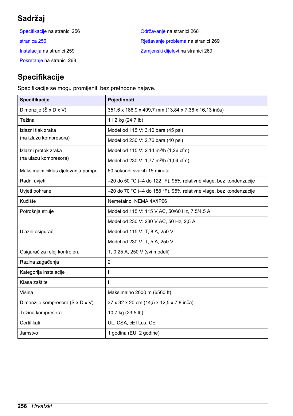 Korisnički priručnik, Sadržaj, Specifikacije | Sigurnosne informacije, Hrvatski | Hach-Lange High Output Airblast System (HOAB) User Manual | Page 256 / 272