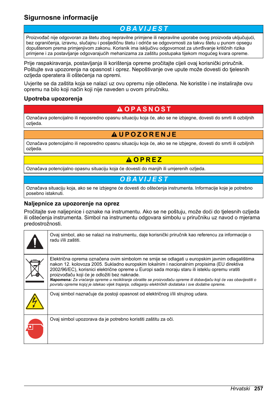 Sigurnosne informacije, Upotreba upozorenja, Naljepnice za upozorenje na oprez | Hach-Lange High Output Airblast System (HOAB) User Manual | Page 257 / 272