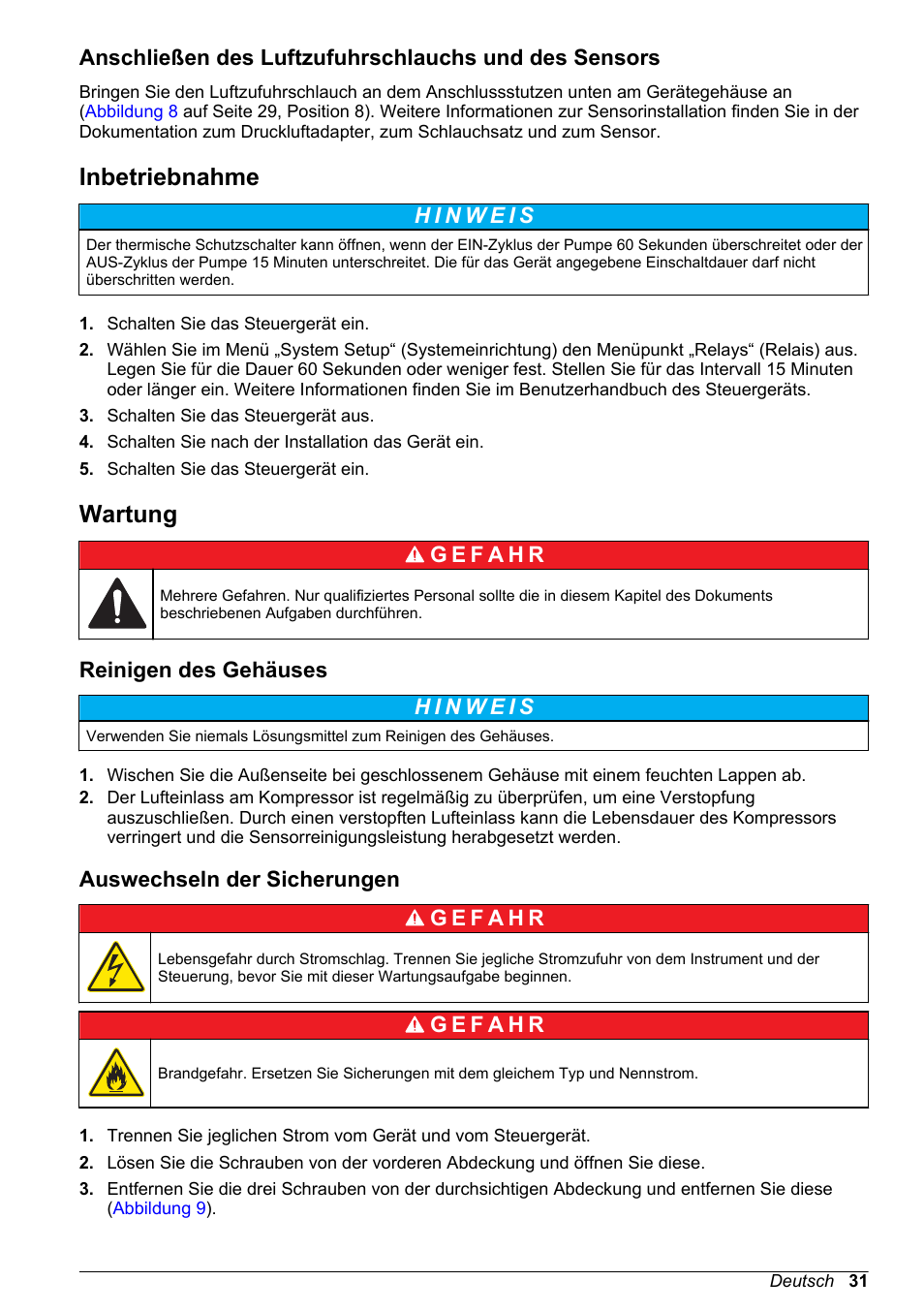 Inbetriebnahme, Wartung, Reinigen des gehäuses | Auswechseln der sicherungen, Auf seite 31 | Hach-Lange High Output Airblast System (HOAB) User Manual | Page 31 / 272