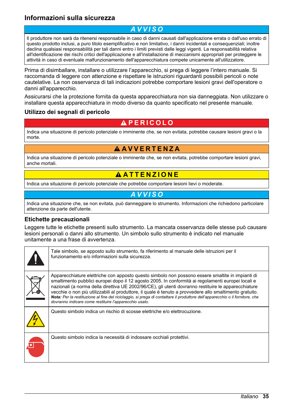 Informazioni sulla sicurezza, Utilizzo dei segnali di pericolo, Etichette precauzionali | Hach-Lange High Output Airblast System (HOAB) User Manual | Page 35 / 272
