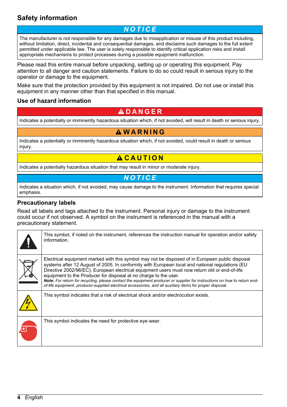 Safety information, Use of hazard information, Precautionary labels | Hach-Lange High Output Airblast System (HOAB) User Manual | Page 4 / 272