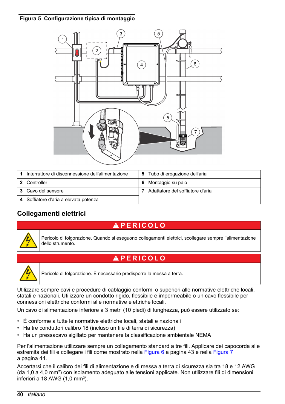 Collegamenti elettrici, Figura 5, Non estendere le tubazioni | Per informazioni sul collegamento del sensore | Hach-Lange High Output Airblast System (HOAB) User Manual | Page 40 / 272