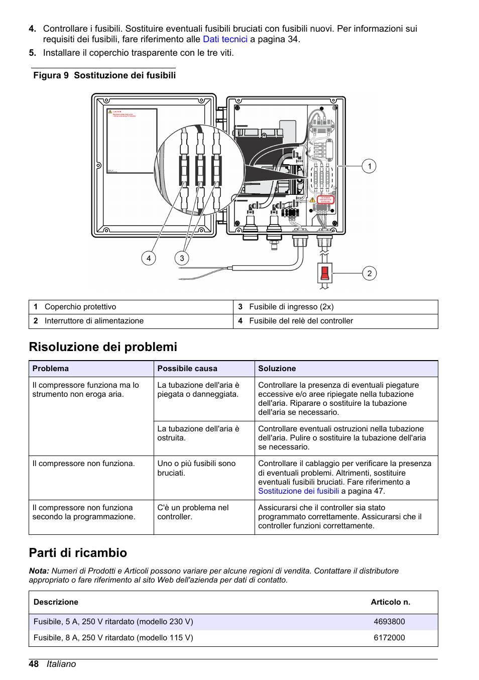 Risoluzione dei problemi, Parti di ricambio, Figura 9 | Hach-Lange High Output Airblast System (HOAB) User Manual | Page 48 / 272