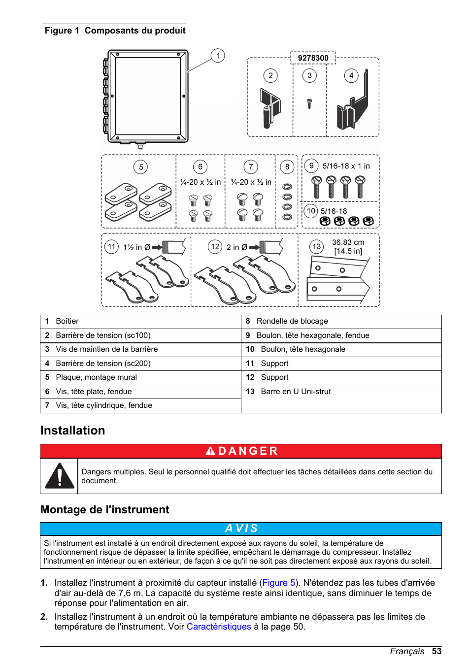 Installation, Montage de l'instrument | Hach-Lange High Output Airblast System (HOAB) User Manual | Page 53 / 272