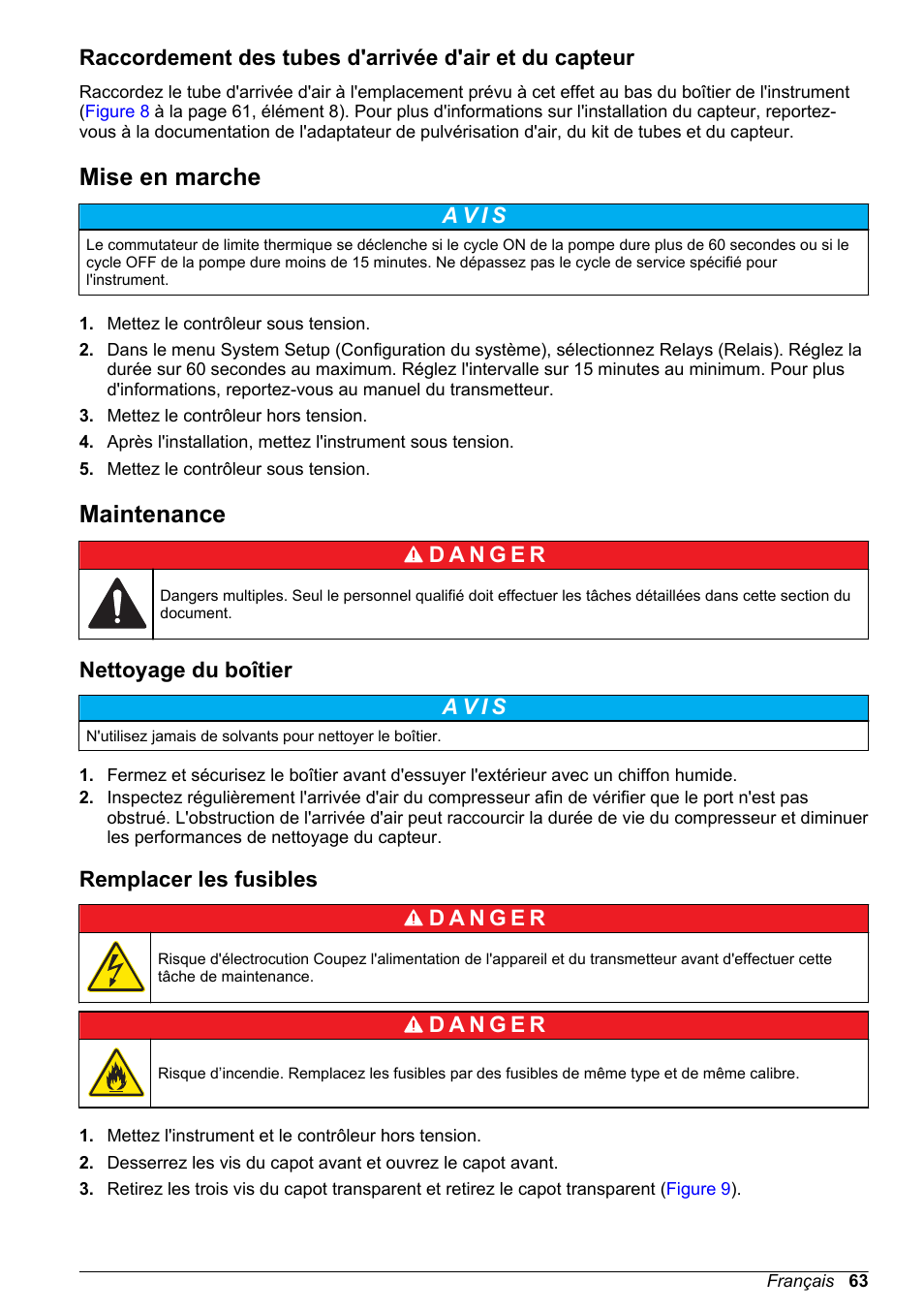 Mise en marche, Maintenance, Nettoyage du boîtier | Remplacer les fusibles | Hach-Lange High Output Airblast System (HOAB) User Manual | Page 63 / 272