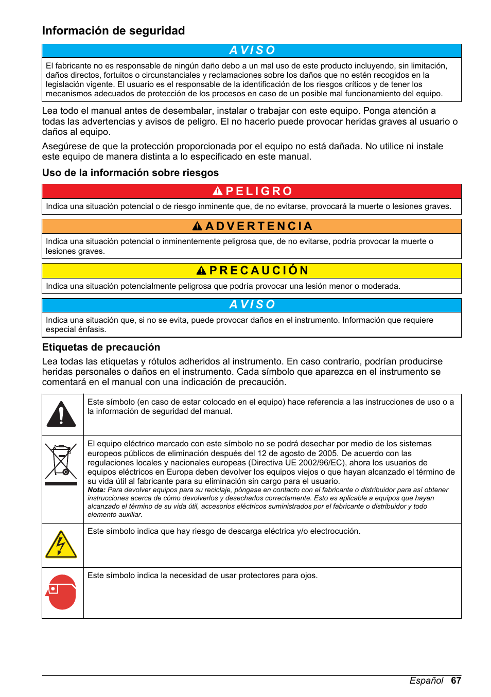 Información de seguridad, Uso de la información sobre riesgos, Etiquetas de precaución | Hach-Lange High Output Airblast System (HOAB) User Manual | Page 67 / 272