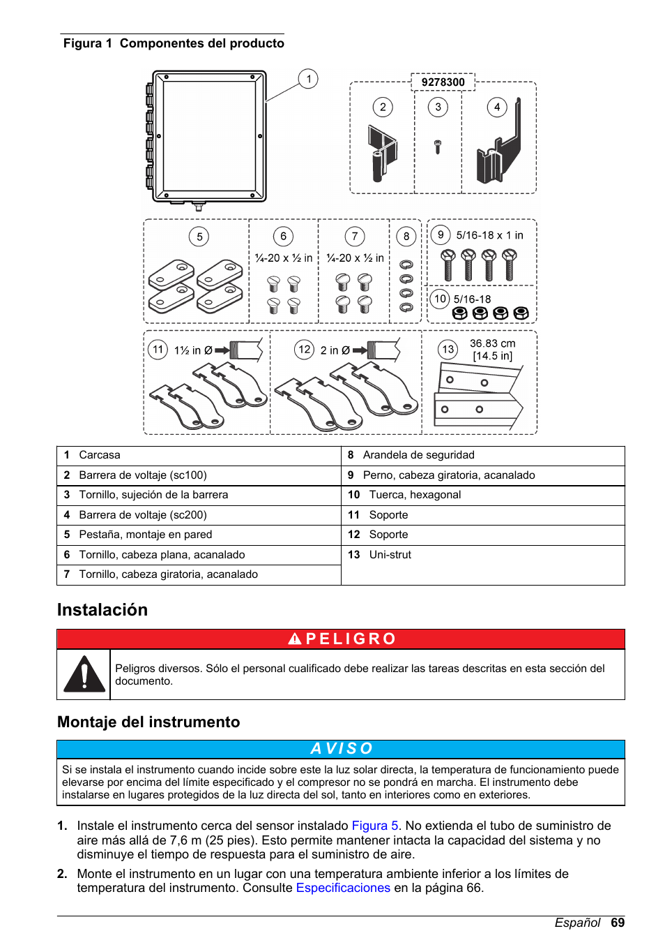 Instalación, Montaje del instrumento | Hach-Lange High Output Airblast System (HOAB) User Manual | Page 69 / 272