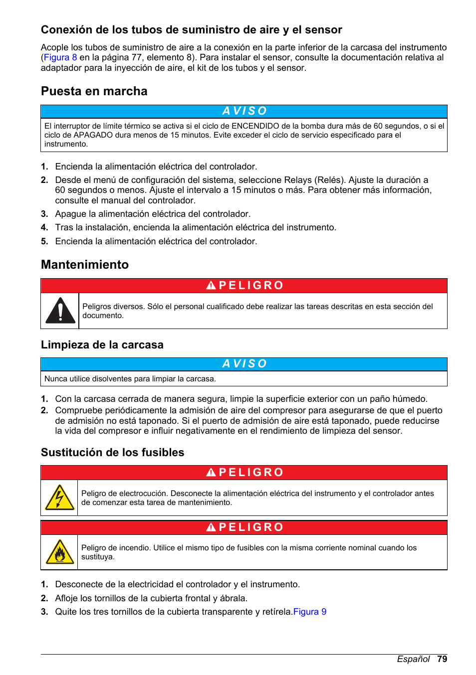 Puesta en marcha, Mantenimiento, Limpieza de la carcasa | Sustitución de los fusibles | Hach-Lange High Output Airblast System (HOAB) User Manual | Page 79 / 272