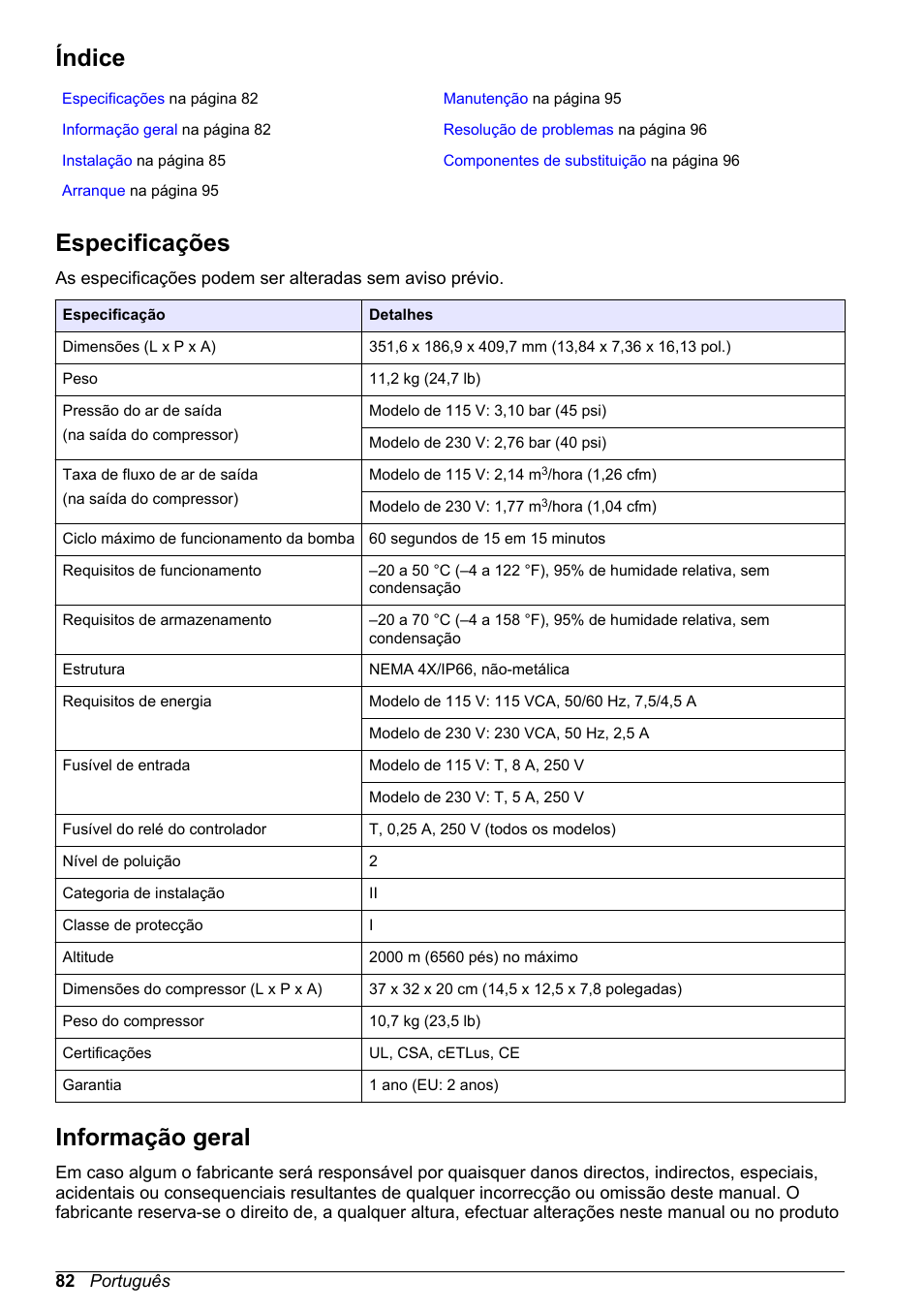 Manual do utilizador, Índice, Especificações | Informação geral, Português | Hach-Lange High Output Airblast System (HOAB) User Manual | Page 82 / 272