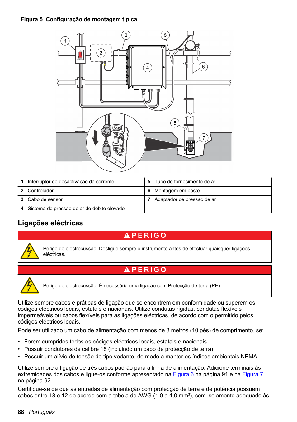 Ligações eléctricas, Instale o instrumento junto do sensor instalado, Figura 5 | Não alongue a tubagem de, Para obter informações relativas à ligação do | Hach-Lange High Output Airblast System (HOAB) User Manual | Page 88 / 272