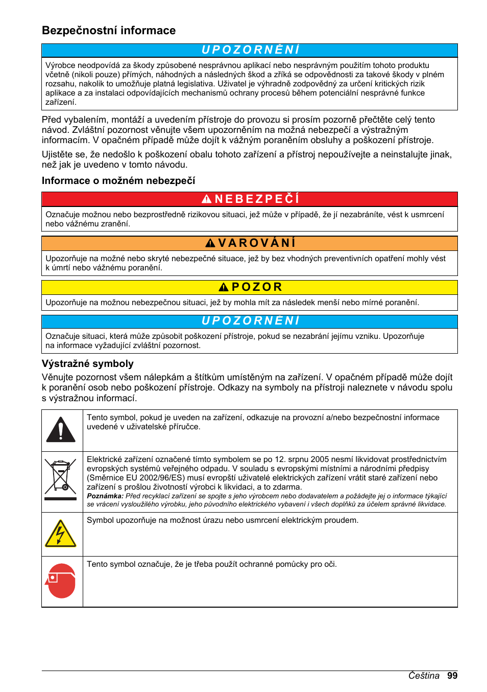 Bezpečnostní informace, Informace o možném nebezpečí, Výstražné symboly | Hach-Lange High Output Airblast System (HOAB) User Manual | Page 99 / 272