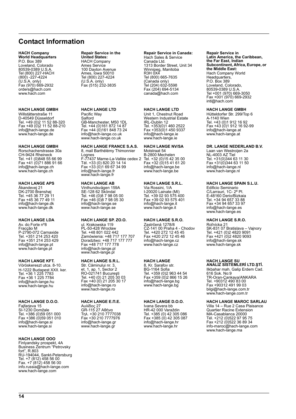 Contact information | Hach-Lange Power connection box for SC analyzers User Manual | Page 14 / 14
