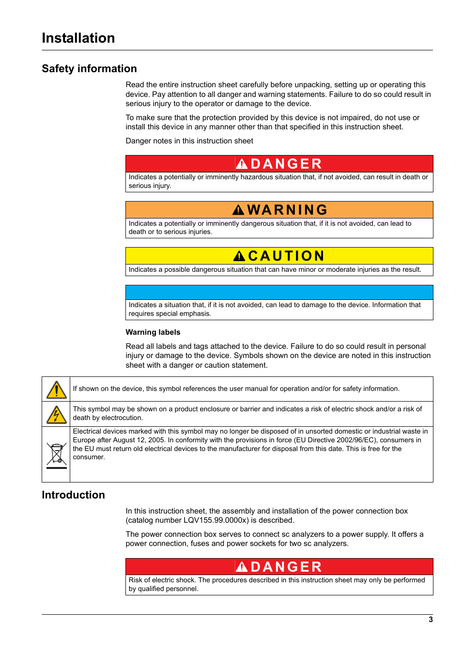 Installation, Safety information, Introduction | Hach-Lange Power connection box for SC analyzers User Manual | Page 3 / 14
