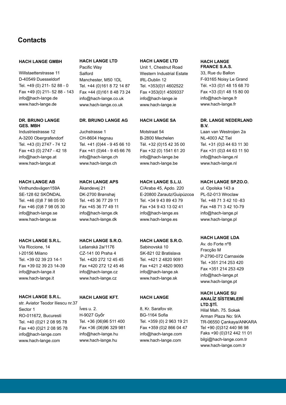Contacts | Hach-Lange LZX414.00.60000 User Manual | Page 18 / 18