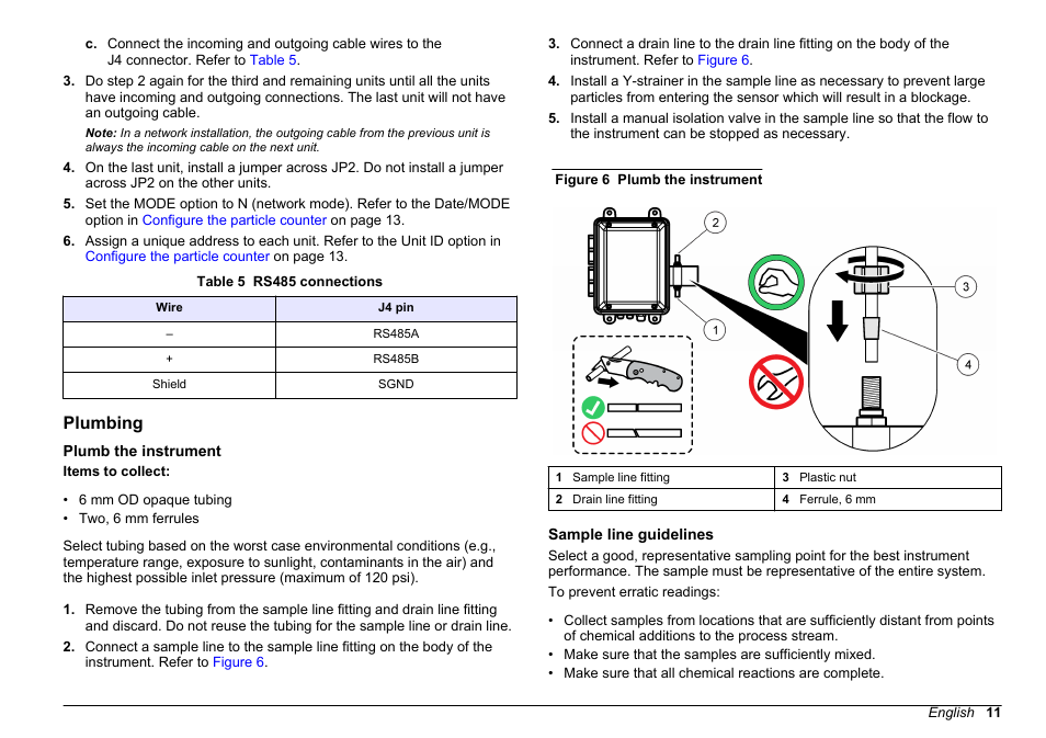 Plumbing, Plumb the instrument, Sample line guidelines | J4 connector. refer to, Table 5 | Hach-Lange WPC-22 User Manual | Page 11 / 98