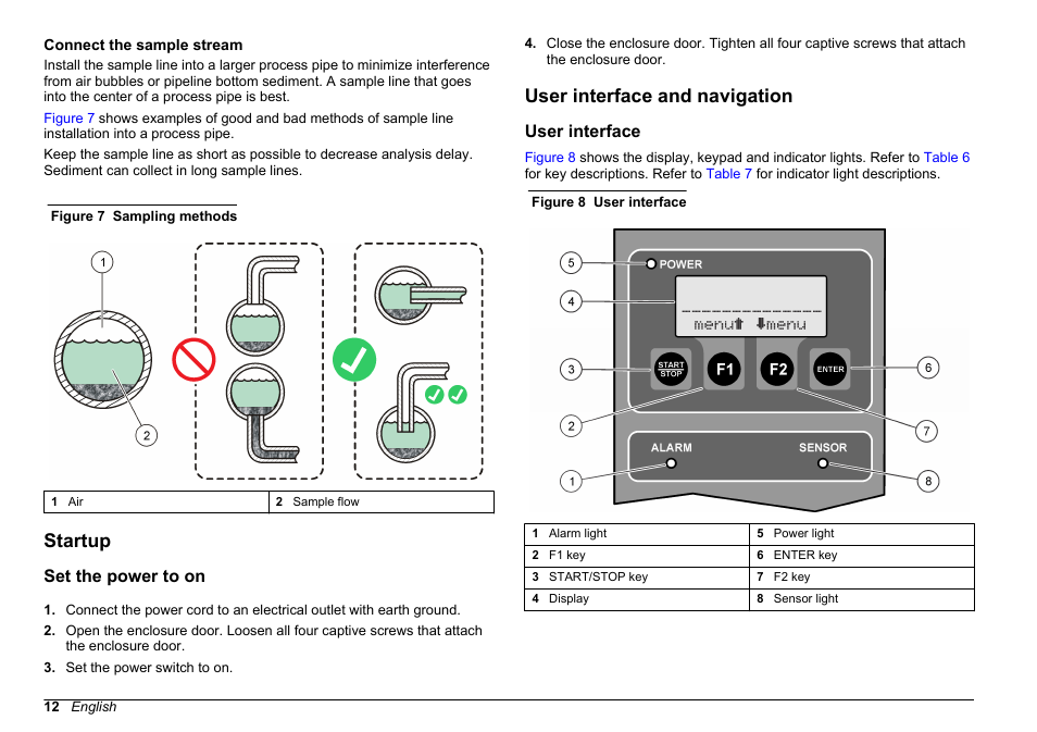 Connect the sample stream, Startup, Set the power to on | User interface and navigation, User interface | Hach-Lange WPC-22 User Manual | Page 12 / 98