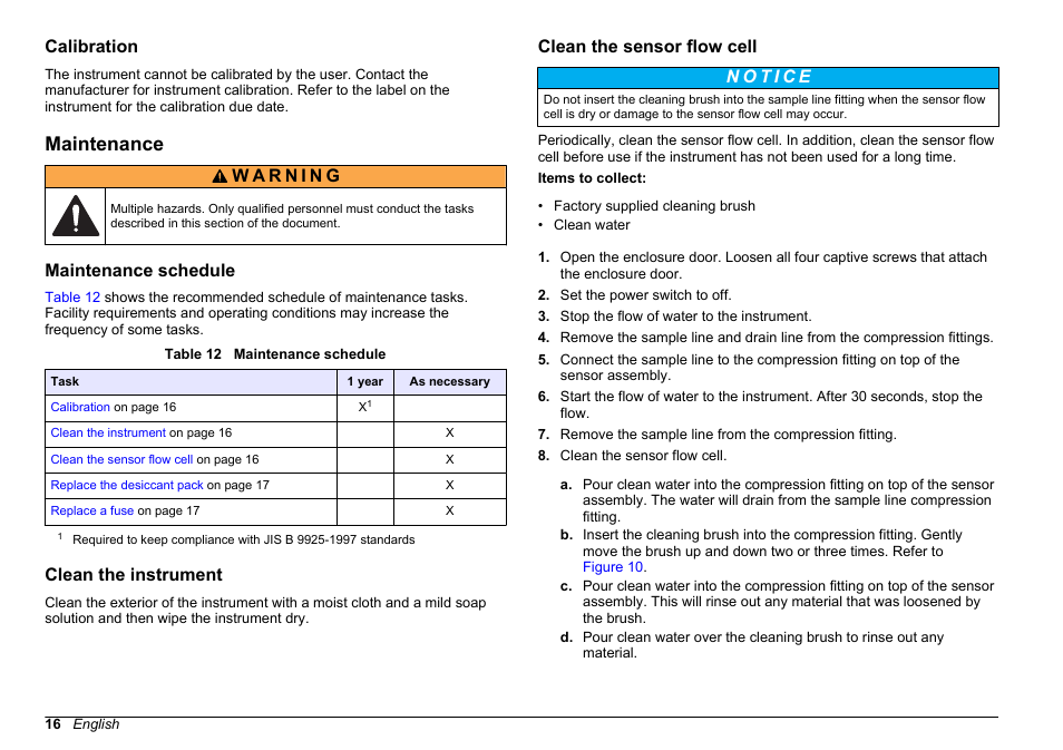 Calibration, Maintenance, Maintenance schedule | Clean the instrument, Clean the sensor flow cell | Hach-Lange WPC-22 User Manual | Page 16 / 98