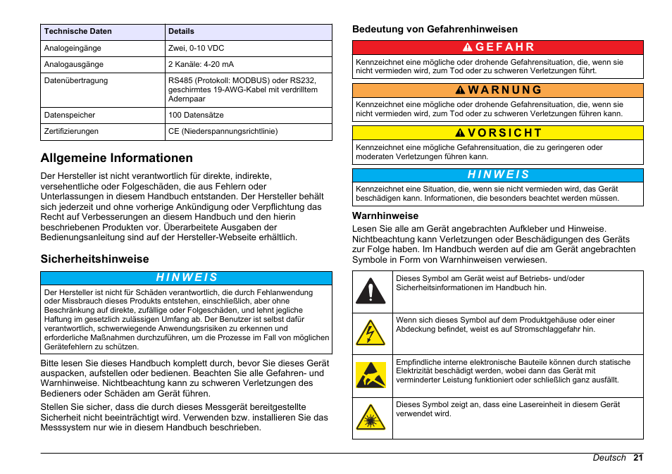 Allgemeine informationen, Sicherheitshinweise, Bedeutung von gefahrenhinweisen | Warnhinweise | Hach-Lange WPC-22 User Manual | Page 21 / 98