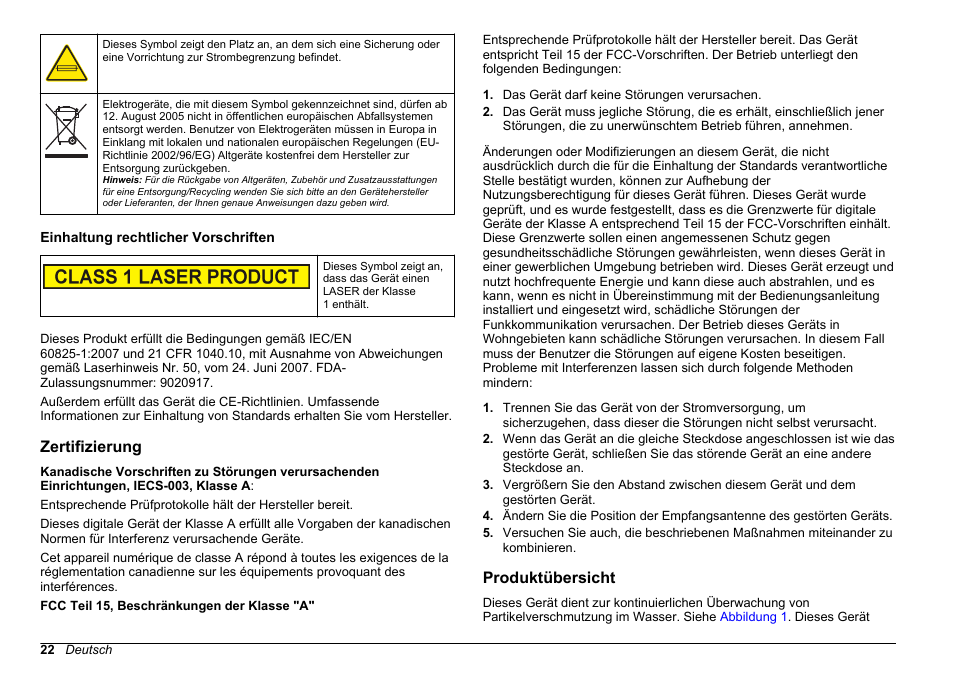 Einhaltung rechtlicher vorschriften, Zertifizierung, Produktübersicht | Hach-Lange WPC-22 User Manual | Page 22 / 98