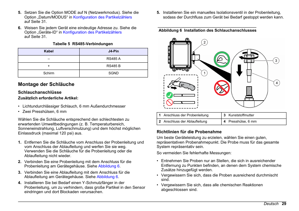 Montage der schläuche, Schlauchanschlüsse, Richtlinien für die probenahme | Tabelle 5 | Hach-Lange WPC-22 User Manual | Page 29 / 98