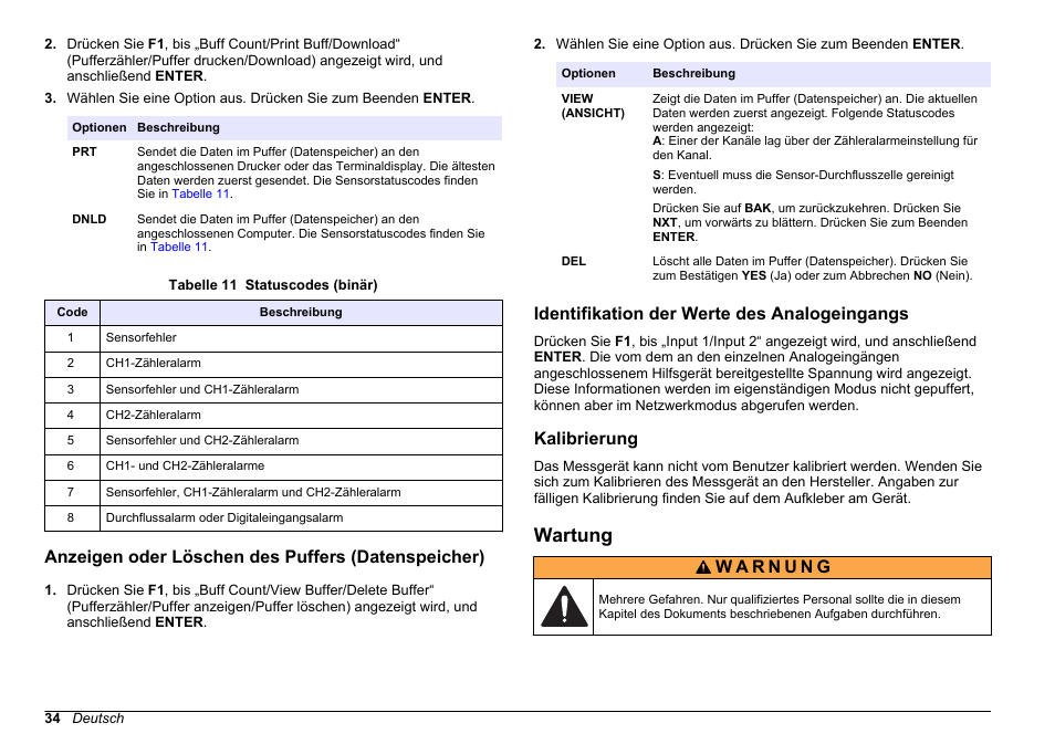 Anzeigen oder löschen des puffers (datenspeicher), Identifikation der werte des analogeingangs, Kalibrierung | Wartung, Siehe, Anzeigen oder löschen des puffers, Datenspeicher), Identifikation der werte des, Analogeingangs, Auf seite 34 | Hach-Lange WPC-22 User Manual | Page 34 / 98