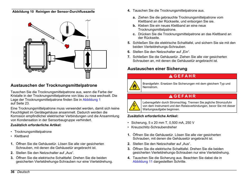 Austauschen der trocknungsmittelpatrone, Austauschen einer sicherung, Oben und unten. siehe | Abbildung 10 | Hach-Lange WPC-22 User Manual | Page 36 / 98