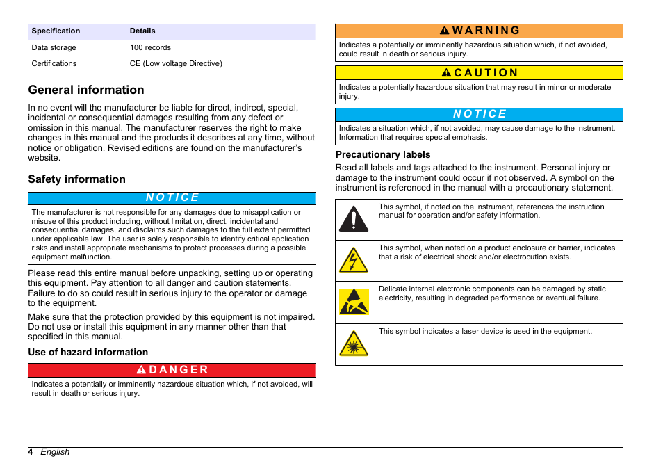 General information, Safety information, Use of hazard information | Precautionary labels | Hach-Lange WPC-22 User Manual | Page 4 / 98