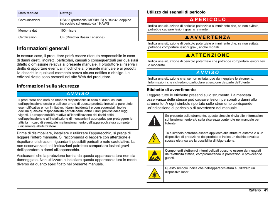 Informazioni generali, Informazioni sulla sicurezza, Utilizzo dei segnali di pericolo | Etichette di avvertimento | Hach-Lange WPC-22 User Manual | Page 41 / 98