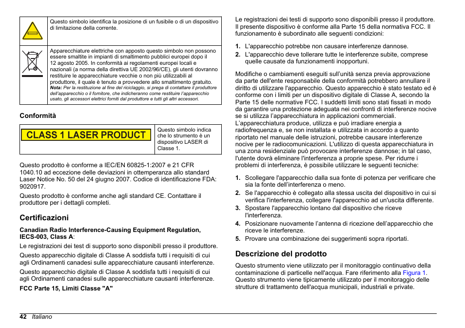 Conformità, Certificazioni, Descrizione del prodotto | Hach-Lange WPC-22 User Manual | Page 42 / 98