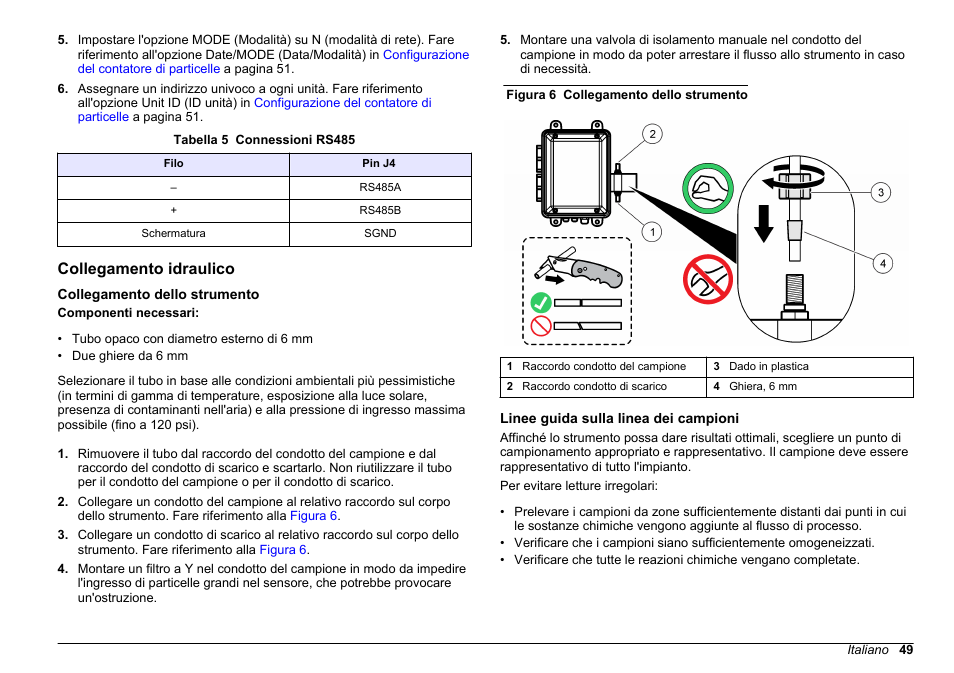 Collegamento idraulico, Collegamento dello strumento, Linee guida sulla linea dei campioni | Fare riferimento alla, Tabella 5 | Hach-Lange WPC-22 User Manual | Page 49 / 98
