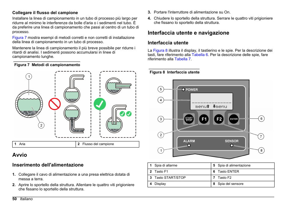 Collegare il flusso del campione, Avvio, Inserimento dell'alimentazione | Interfaccia utente e navigazione, Interfaccia utente | Hach-Lange WPC-22 User Manual | Page 50 / 98
