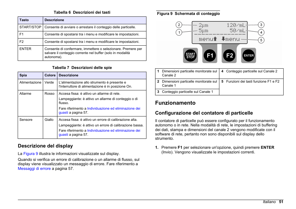 Descrizione del display, Funzionamento, Configurazione del contatore di particelle | Allarme flusso). fare riferimento a, Configurazione del contatore di, Particelle, Configurazione, Del contatore di particelle, All'opzione unit id (id unità) in, Tabella 6 | Hach-Lange WPC-22 User Manual | Page 51 / 98