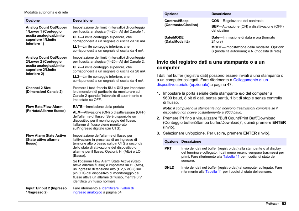 Stampante o a un computer. fare riferimento a, Invio del registro dati a, Una stampante o a un computer | Fare riferimento a, Invio del registro dati a una, Stampante o a un computer | Hach-Lange WPC-22 User Manual | Page 53 / 98