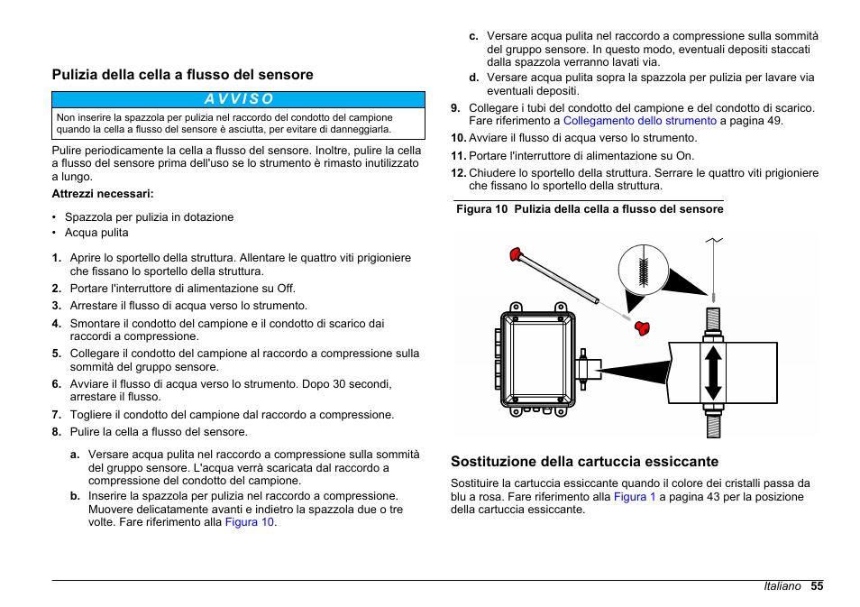 Pulizia della cella a flusso del sensore, Sostituzione della cartuccia essiccante | Hach-Lange WPC-22 User Manual | Page 55 / 98