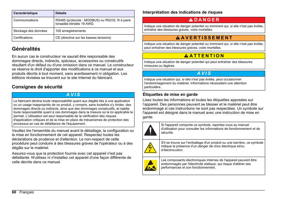 Généralités, Consignes de sécurité, Interprétation des indications de risques | Étiquettes de mise en garde, A v i s | Hach-Lange WPC-22 User Manual | Page 60 / 98