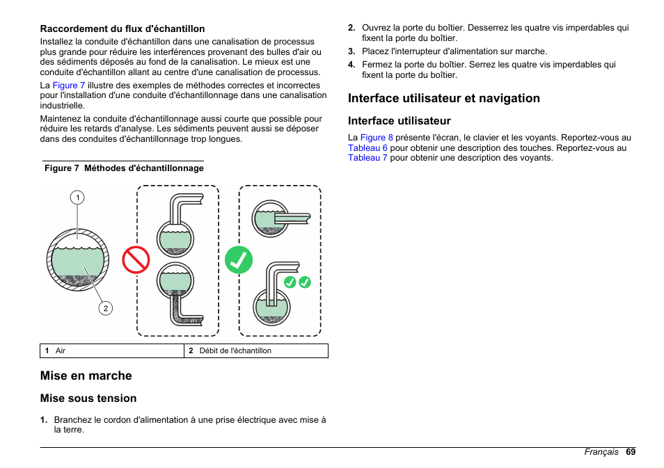 Raccordement du flux d'échantillon, Mise en marche, Mise sous tension | Interface utilisateur et navigation, Interface utilisateur | Hach-Lange WPC-22 User Manual | Page 69 / 98