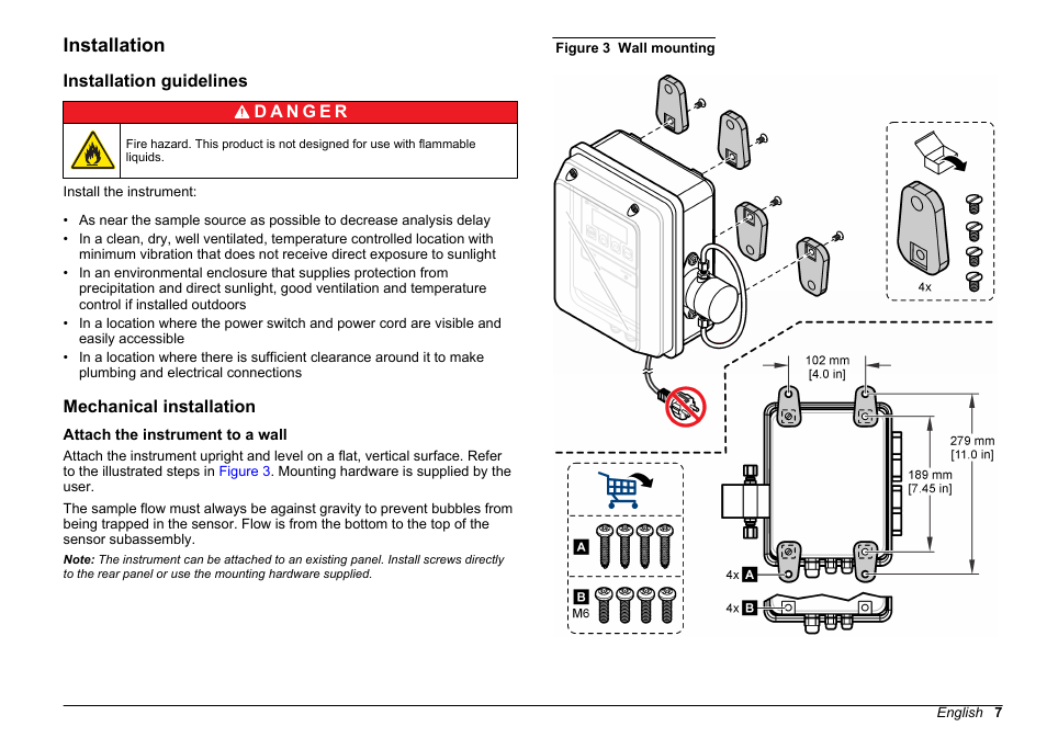 Installation, Installation guidelines, Mechanical installation | Attach the instrument to a wall | Hach-Lange WPC-22 User Manual | Page 7 / 98