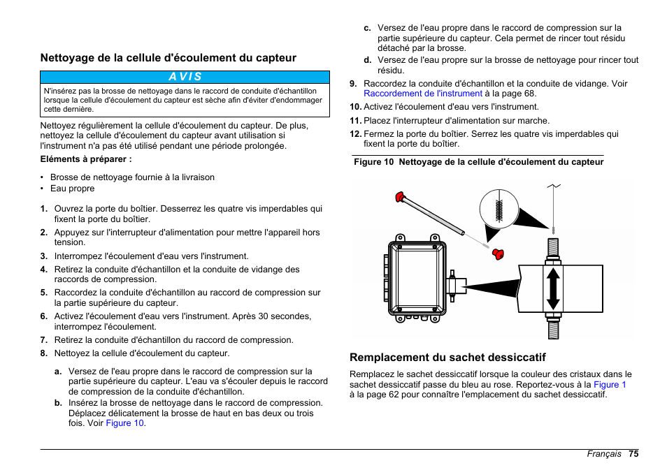 Nettoyage de la cellule d'écoulement du capteur, Remplacement du sachet dessiccatif | Hach-Lange WPC-22 User Manual | Page 75 / 98