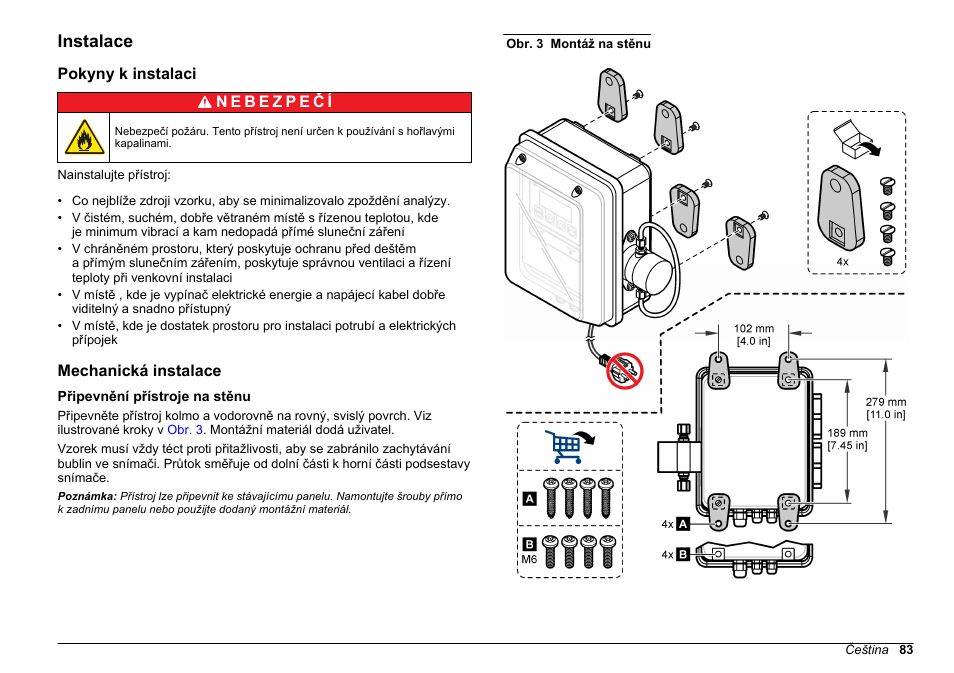 Instalace, Pokyny k instalaci, Mechanická instalace | Připevnění přístroje na stěnu | Hach-Lange WPC-22 User Manual | Page 83 / 98
