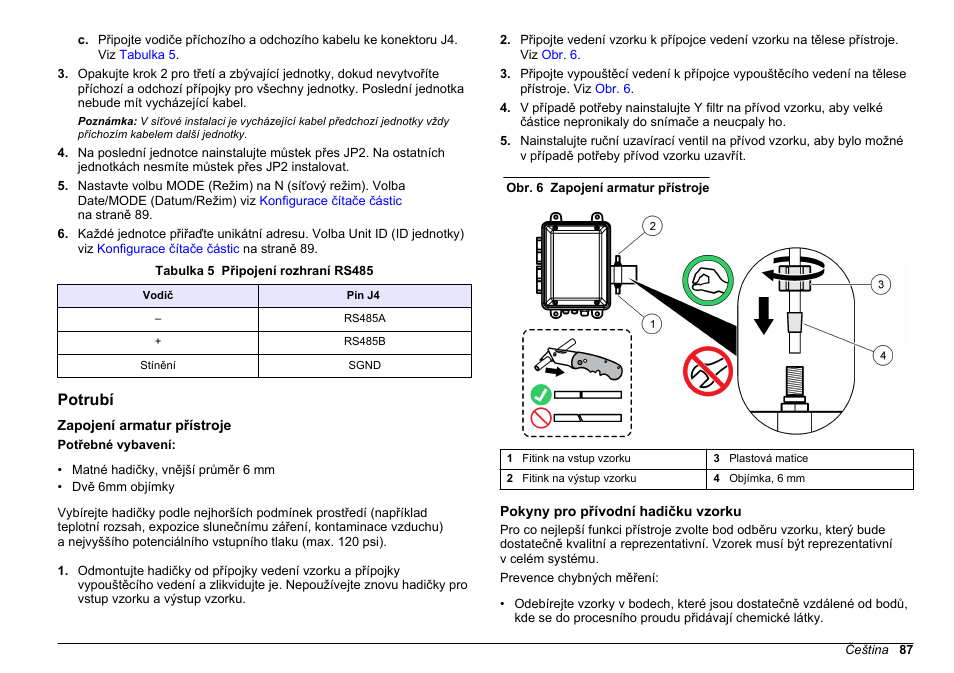 Potrubí, Zapojení armatur přístroje, Pokyny pro přívodní hadičku vzorku | J4. viz, Tabulka 5 | Hach-Lange WPC-22 User Manual | Page 87 / 98