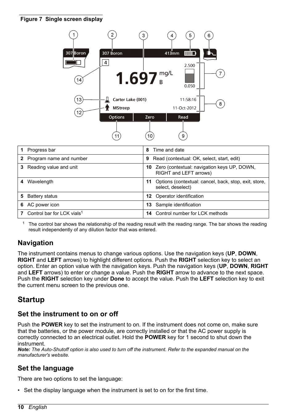 Navigation, Startup, Set the instrument to on or off | Set the language | Hach-Lange DR1900 Basic User Manual User Manual | Page 10 / 318