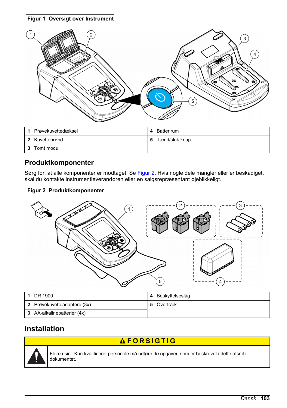 Produktkomponenter, Installation, På side | Hach-Lange DR1900 Basic User Manual User Manual | Page 103 / 318