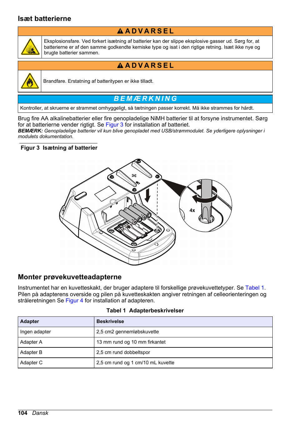 Isæt batterierne, Monter prøvekuvetteadapterne | Hach-Lange DR1900 Basic User Manual User Manual | Page 104 / 318