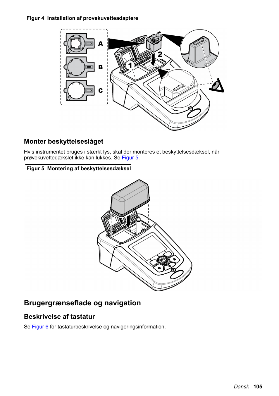 Monter beskyttelseslåget, Brugergrænseflade og navigation, Beskrivelse af tastatur | På side 105, Figur 4 | Hach-Lange DR1900 Basic User Manual User Manual | Page 105 / 318