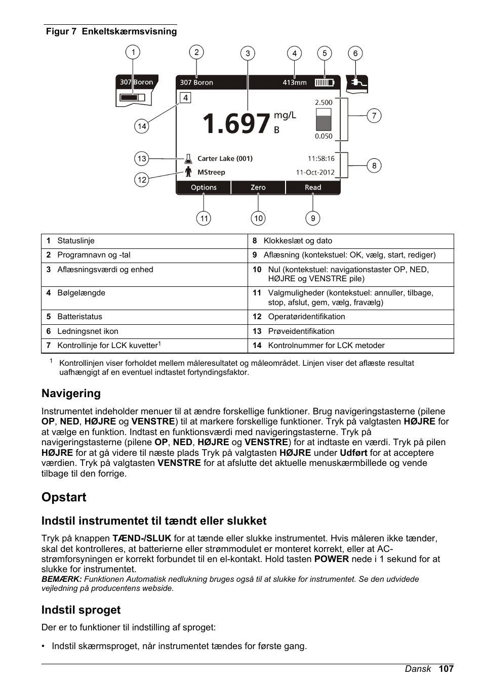 Navigering, Opstart, Indstil instrumentet til tændt eller slukket | Indstil sproget | Hach-Lange DR1900 Basic User Manual User Manual | Page 107 / 318