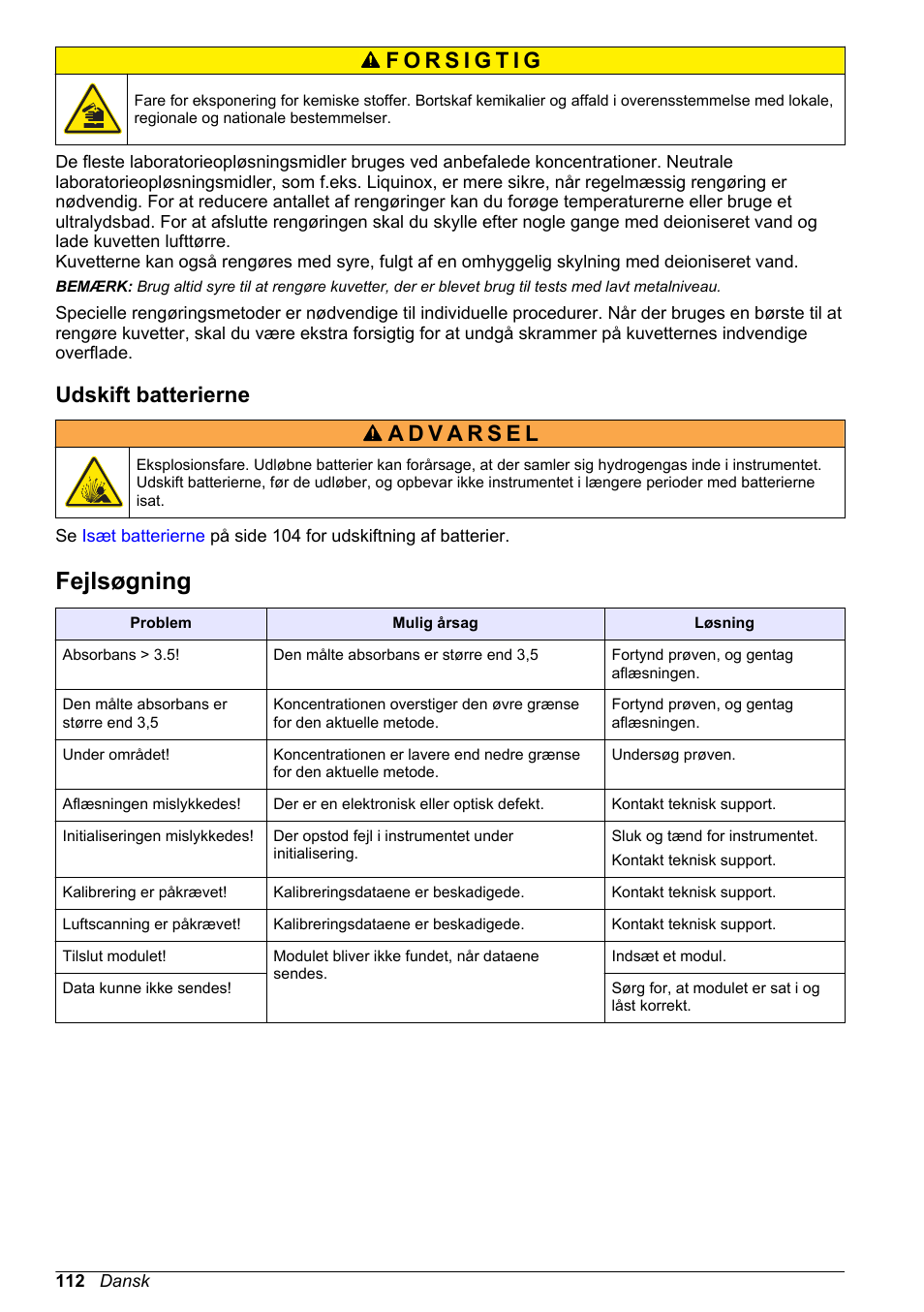 Udskift batterierne, Fejlsøgning | Hach-Lange DR1900 Basic User Manual User Manual | Page 112 / 318